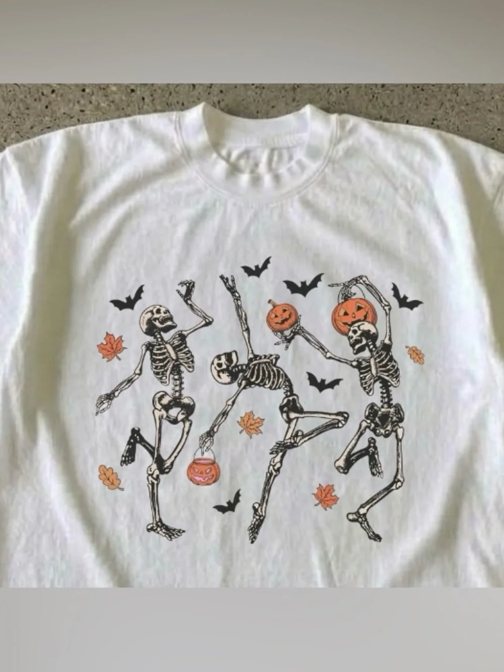 Dancing Skeletons Halloween Graphic Tee - White with Orange & Black - Picture 3 of 6